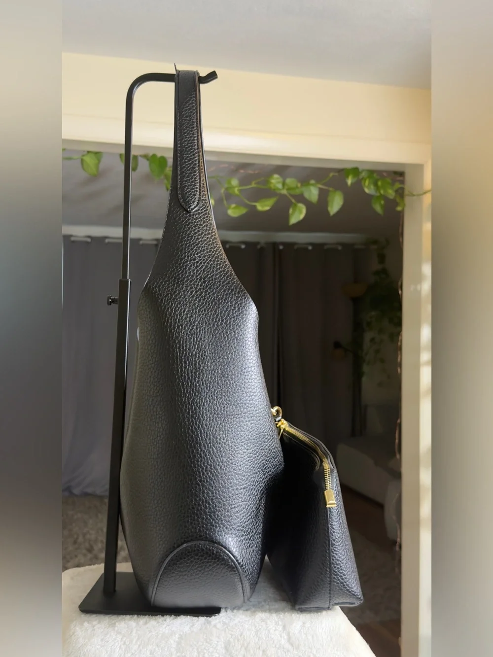 Black Pebbled Leather Slouchy Hobo Bag Minimalist Tulip Tote Pouch